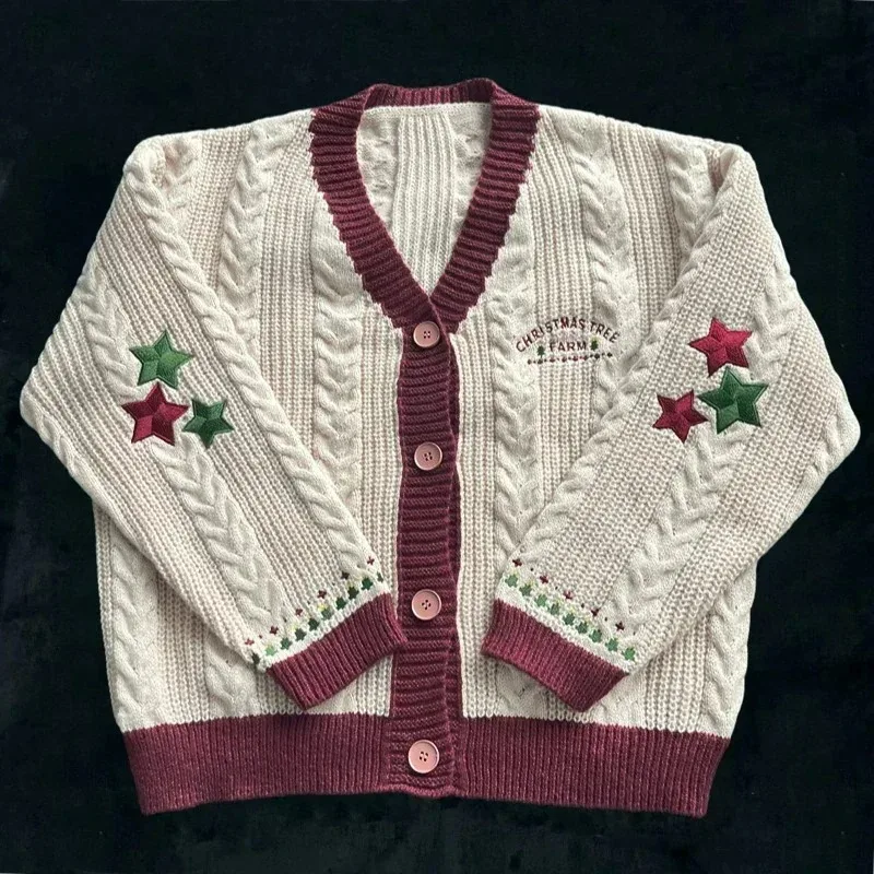 Christmas Cardigan Women New Year Gift Winter Soft Knitted Cardigans with Star Embroidery for Holiday Christmas Tree Sweater Top