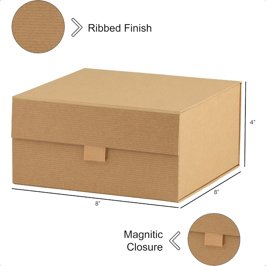1 Packung braune, gerippte Geschenkbox aus Kraftpapier mit Magnetverschlussdeckel, 8 x 8 x 4 quadratische Geschenkboxen mit edel gerippter Papieroberfläche