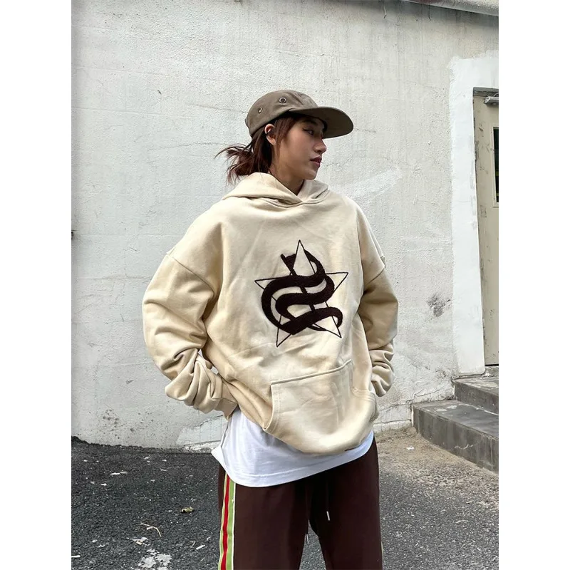 

Y2k Streetwear Star Graphic Hoodie Women American Retro Khaki Oversize Sweatshirt Hip Hop Casual Long Sleeve Top Female