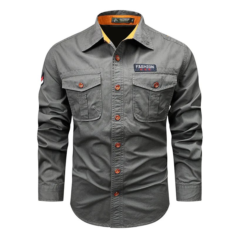 New Men Outdoor Multi Pockets Shirts Long Sleeved Cargo Shirts High Quality Male Cotton Loose Casual Tooling Shirts Size 5XL