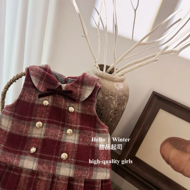Girls' Dress Spring and Autumn New Style Western Style Children's Plaid Christmas and New Year Vest Dress