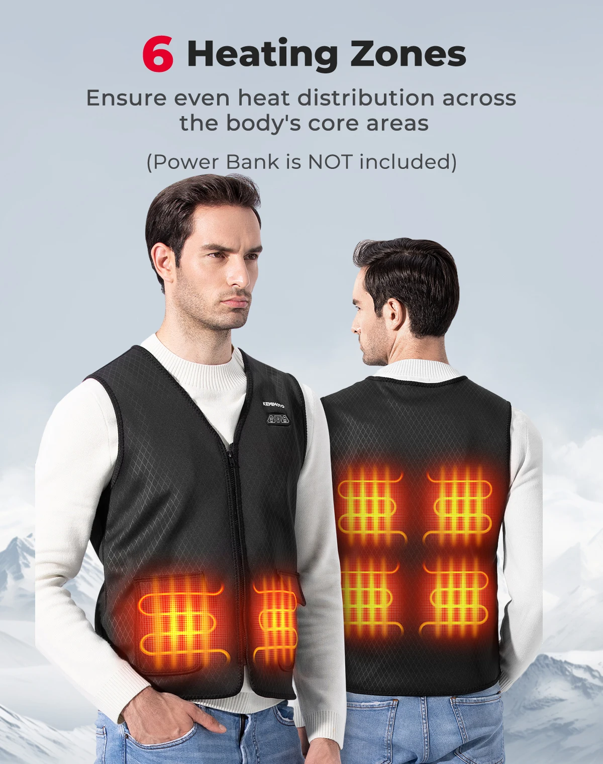 KEMIMOTO Motorrad-Heizweste, Herrenweste, Damen, 6, Heizbereiche, warm, USB, elektrisch, für Winter, Outdoor, Sport, Skifahren, Angeln – Detail 7