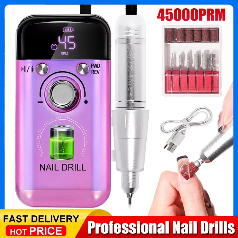 

Перезаряжаемая электрическая дрель для ногтей, 45000 об/мин, профессиональные сверла для ногтей для гелевых ногтей, пилочка для ногтей, портативный маникюрный инструмент