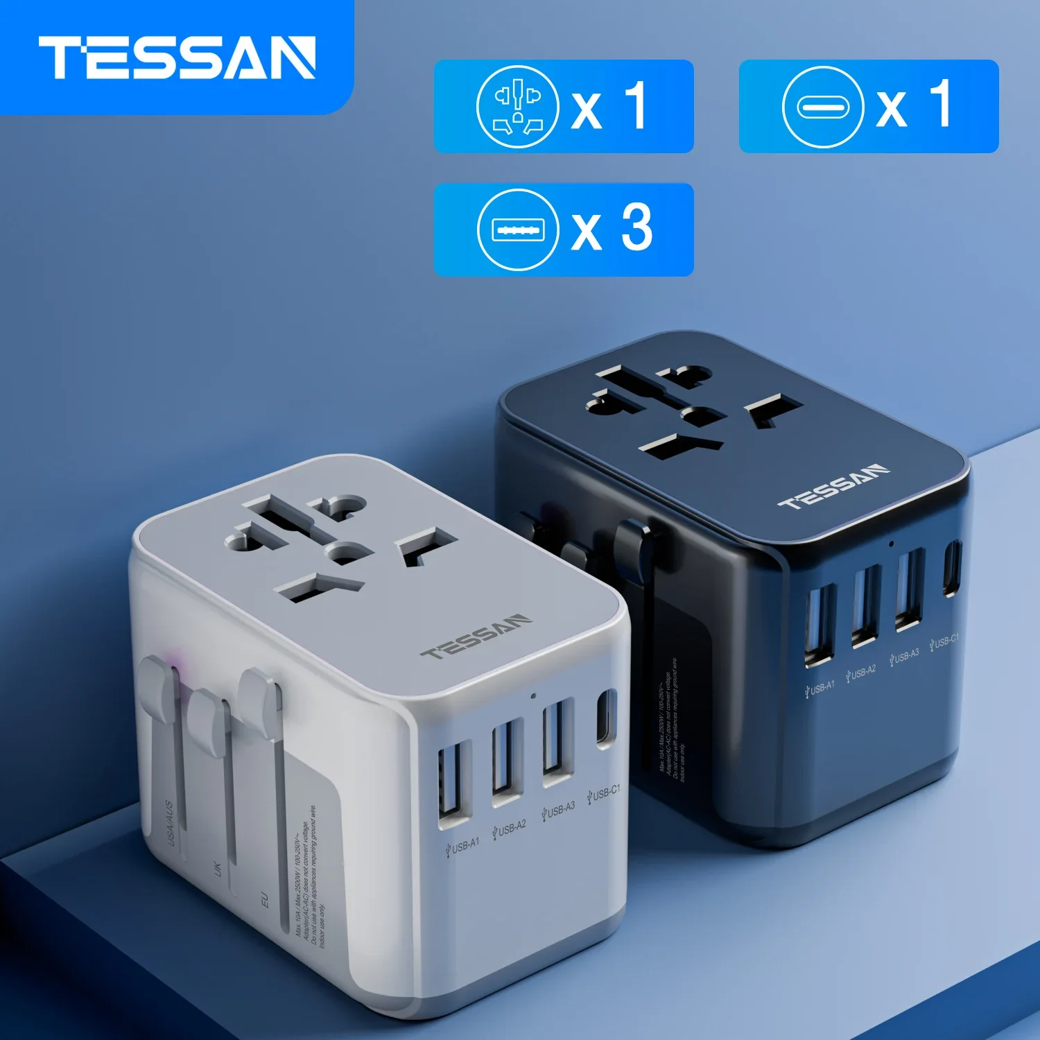 Adaptador de viagem universal TESSAN com porta USB e tipo C, adaptador de alimentação mundial UE / Reino Unido / EUA / AUS Plug para viagens