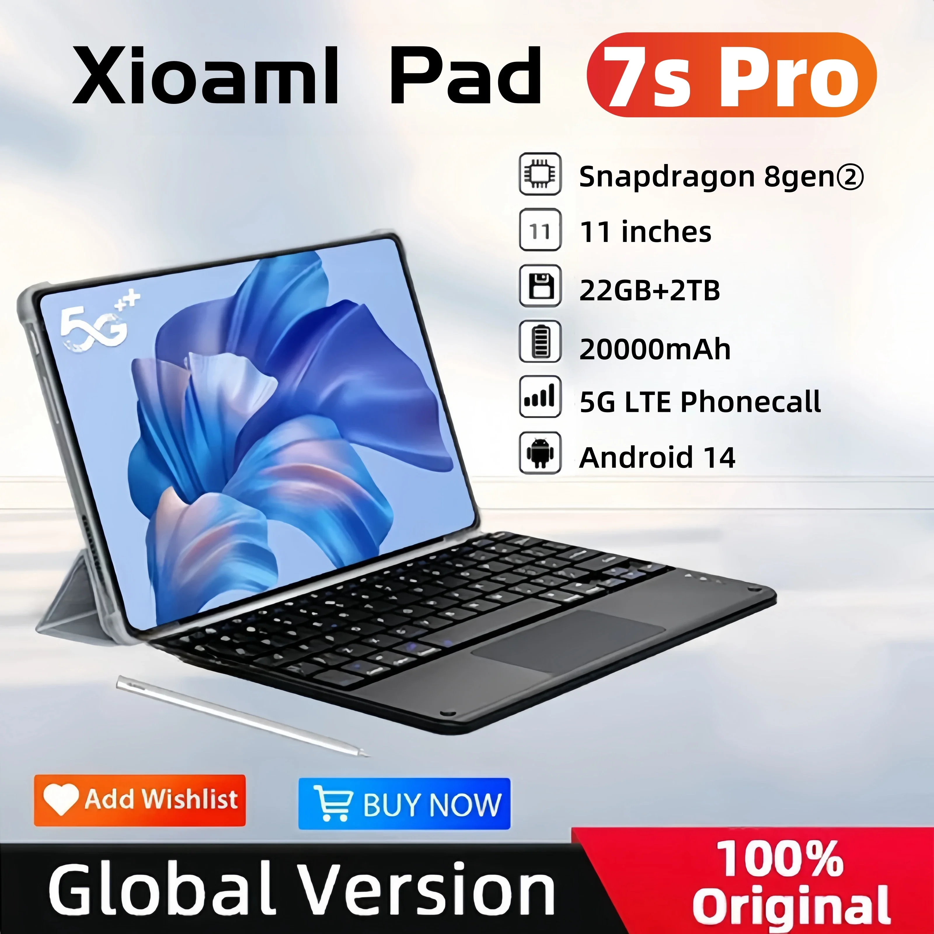 

2025 New Original Global Edition Tablet PC Pad 7S Pro Snapdragon 8gen2 Android 14 HD 4K 22GB+2TB 5G Tablet Dual SIM WIFI GPS MI