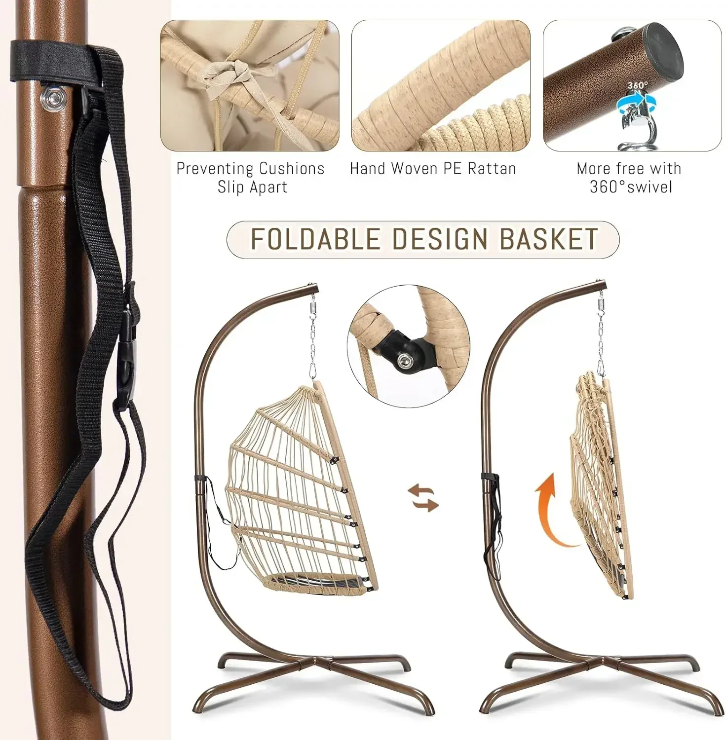 [XMSJ] كرسي بيض متأرجح خارجي مع حامل، كراسي فناء معلقة على شكل بيضة من الخيزران شديدة التحمل بوزن 350 رطلاً للخارج، أرجوحة مريحة للشرفة