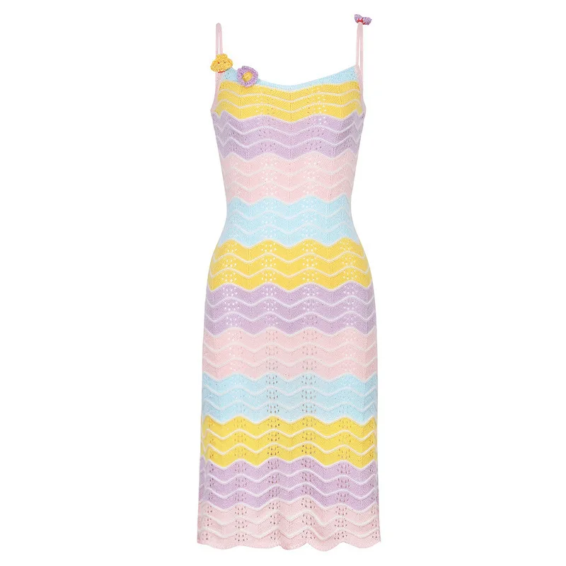 【CHUJIE】2025 Sommer Herbst Neue Süße Stil Farbblock Slim Fit Langarm Top Gestrickte Set Mit Slip Kleid 2-teiliges Set