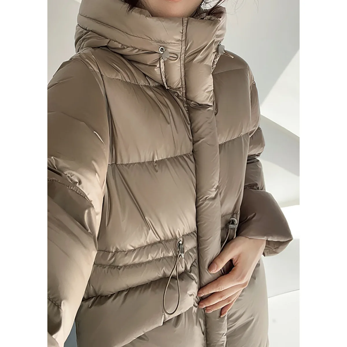 Premium Goose Down Jacket Hooded Down Jacket Women\'s High-end Women\'s Clothing, Winter Clothing Medium and Long Coat Waist White