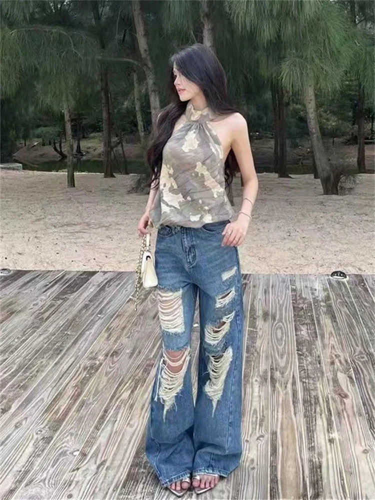 

Women's Multiple Holes Wide Leg Unisex Jeans Young Girl Street Trousers Casual Bottoms Female Straight Distressed Denim Pants