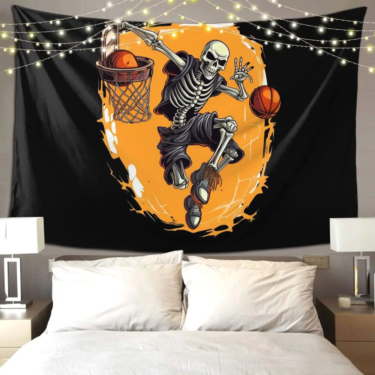 Skeleton Basketball Halloween Tapestry Hippie Wall Hanging Aesthetic Home Decoration Tapestries Living Room Bedroom Dorm Room