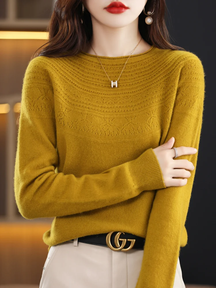 Women 100% Merino Wool Sweater Autumn Winter Pullovers O-Neck Hollow Cashmere Knitwear Female Basic Bottoming Clothing Tops