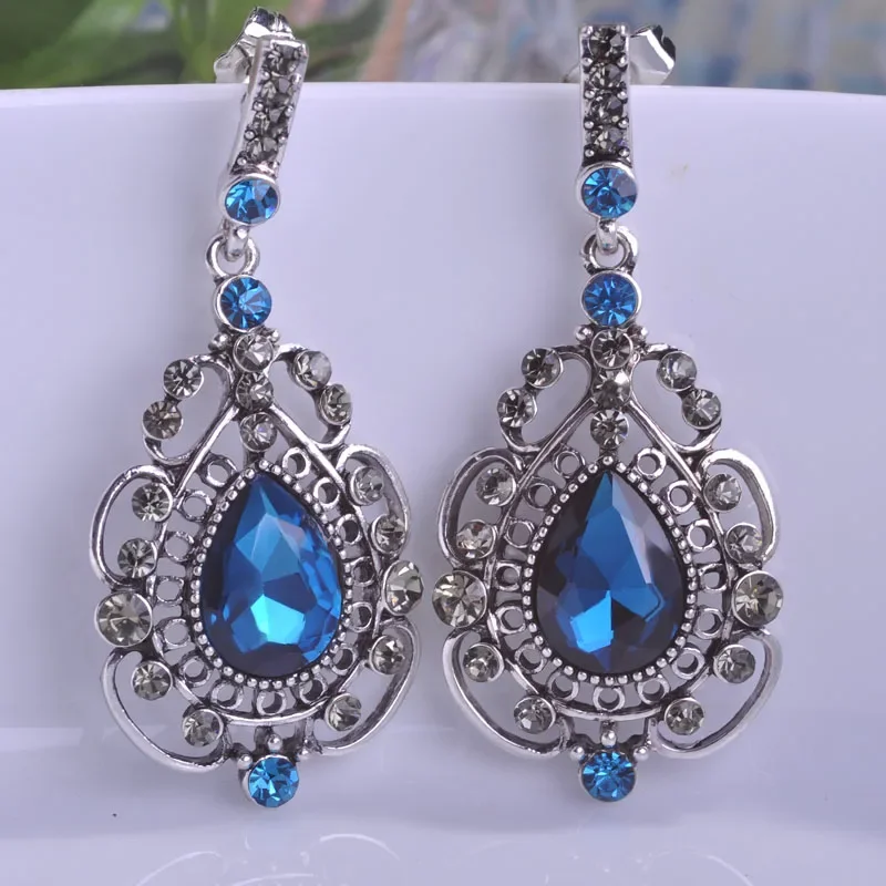 Blucome Vintage Royal Long Blue Earrings Drop Pendientes Max Brincos Bijuterias Turkish Jewelry Bijoux For Bridal Wedding