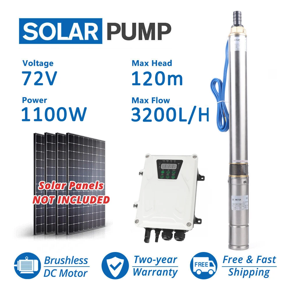 1.5HP DC Solar Submersible 80M Borehole Pump Kits Price 72V Controller Brushless Solar Water Pumping Set System for Irrigation