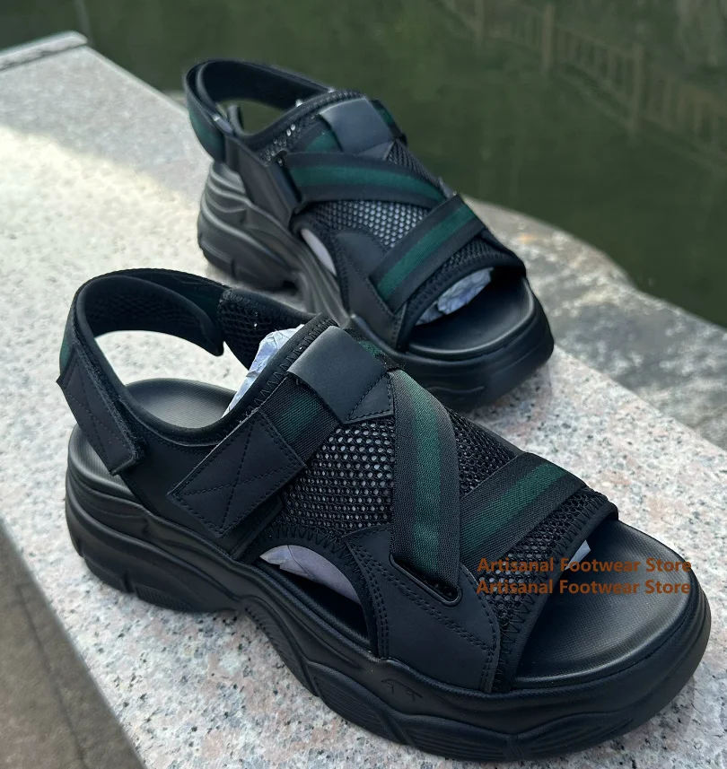 Men's Breathable Mesh Platform Sport Sandals Green Stripe Decor Adjustable Straps Open Toe Non-Slip Thick-Soled Outdoor Sandals