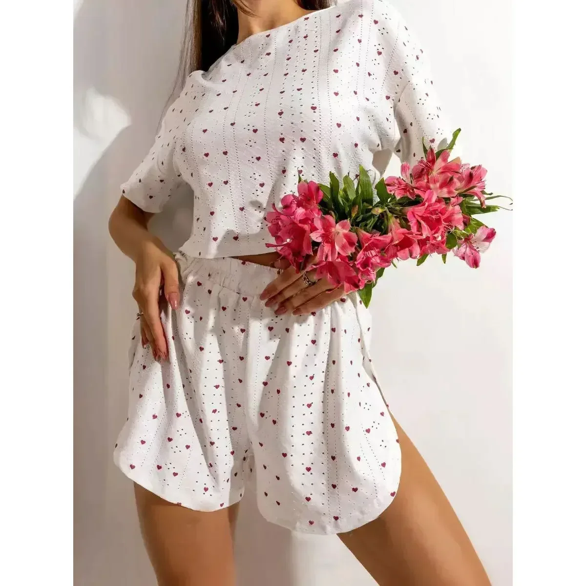 New Women's Pajamas with Hollow-Out Breathable Printed Split Shorts and Round-Neck Top Set, Comfortable Loungewear for Home