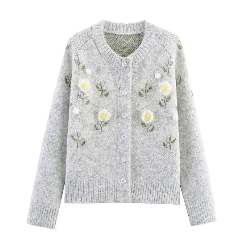 

Японский винтажный вязаный кардиган с цветочным принтом, женская осенняя куртка с эстетическим узором для женщин, элегантный однобортный свитер, пальто