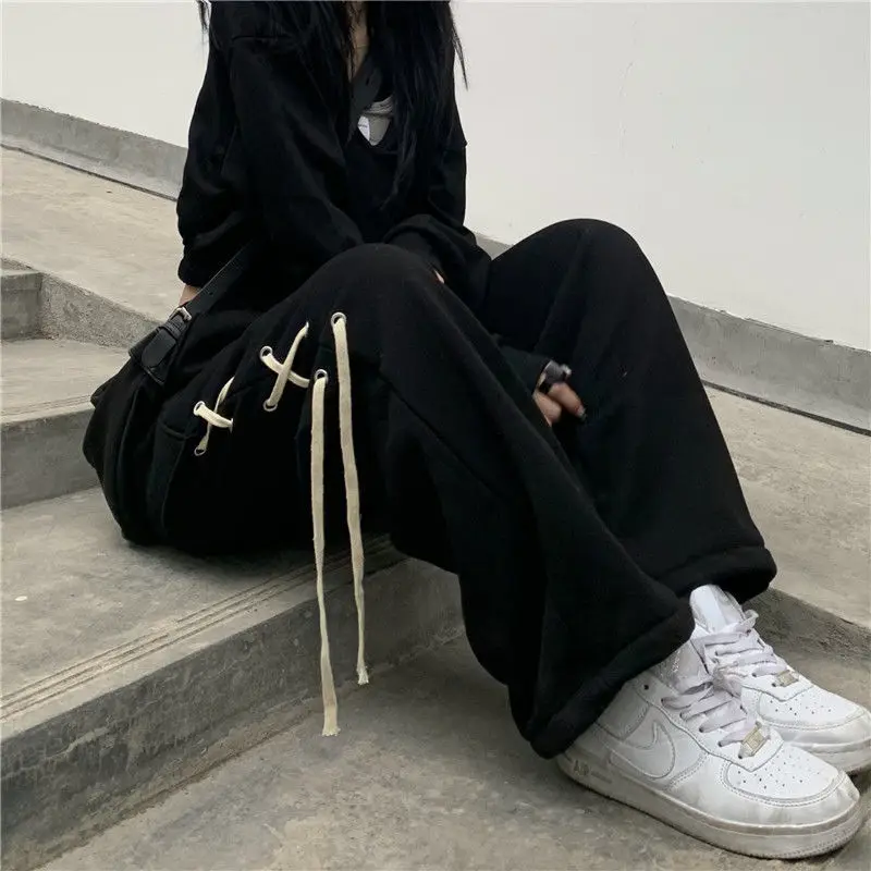 Street Casual Bandage Patchwork Straight Pants Spring Autumn New Solid Loose All-match Wide Leg Pants Fashion Y2K Women Clothing