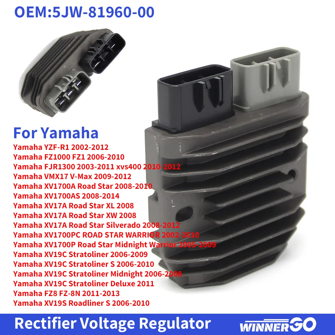 OEM:5JW-81960-00 Regulador de Voltaje de 12V para Motocicleta, Rectificador para Yamaha YZF-R1 FZ1000 FZ1 VMX17 V-Max XV1700AS FZ8 FZ-8N