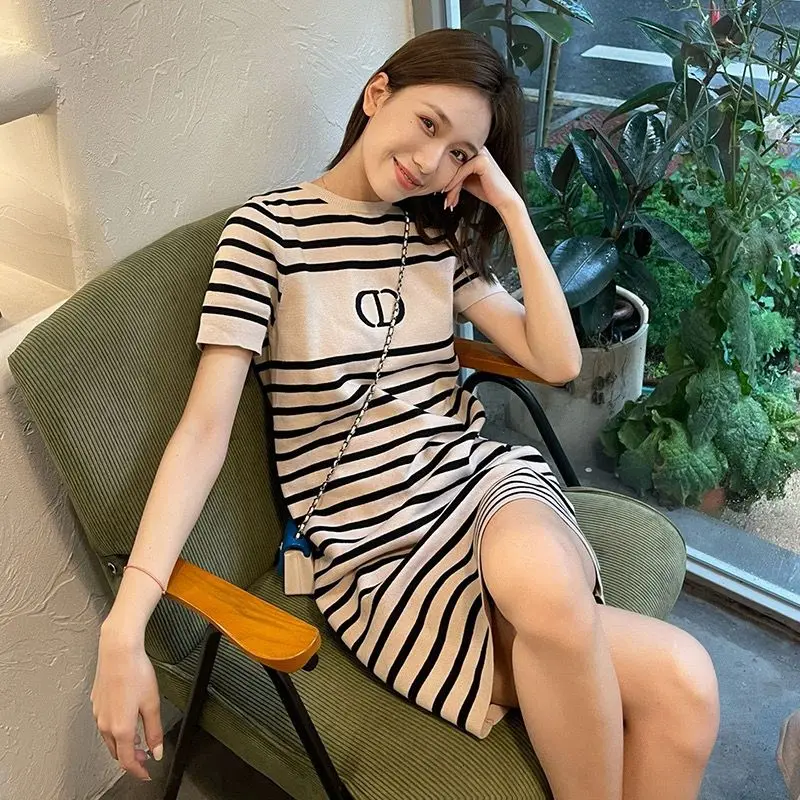 Hong Kong Style Short Striped Small Fragrant Skirt for Summer New Chic Retro Dress for Women