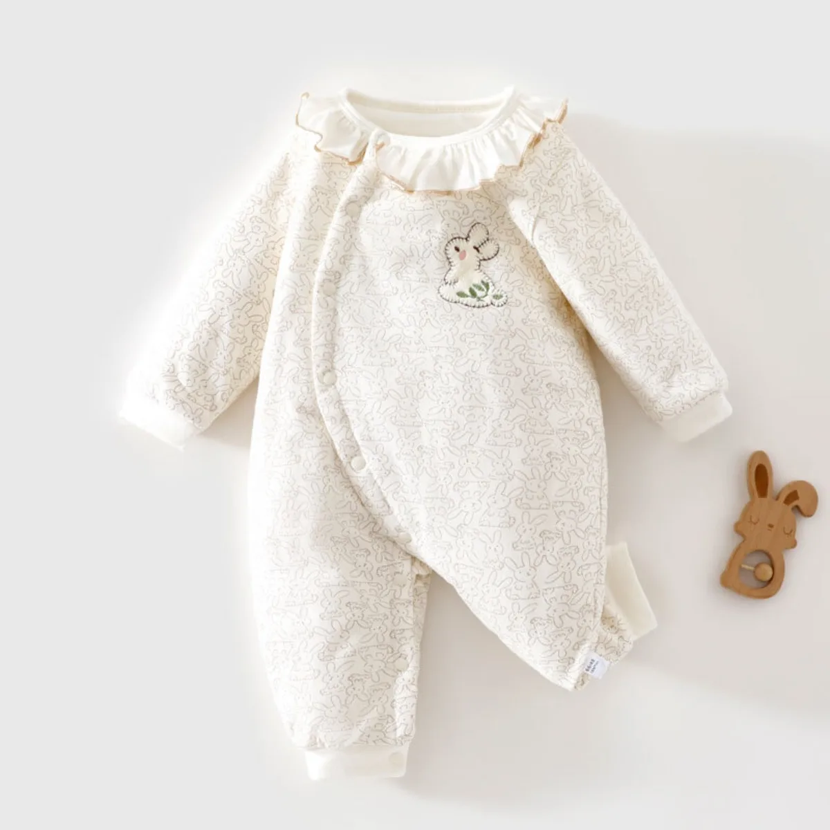Ruffled Collar Baby Romper Lightweight Padded Long Sleeve Onesie Soft Cotton Infant Jumpsuit 0-18M Fall Winter Rabbit Patterns