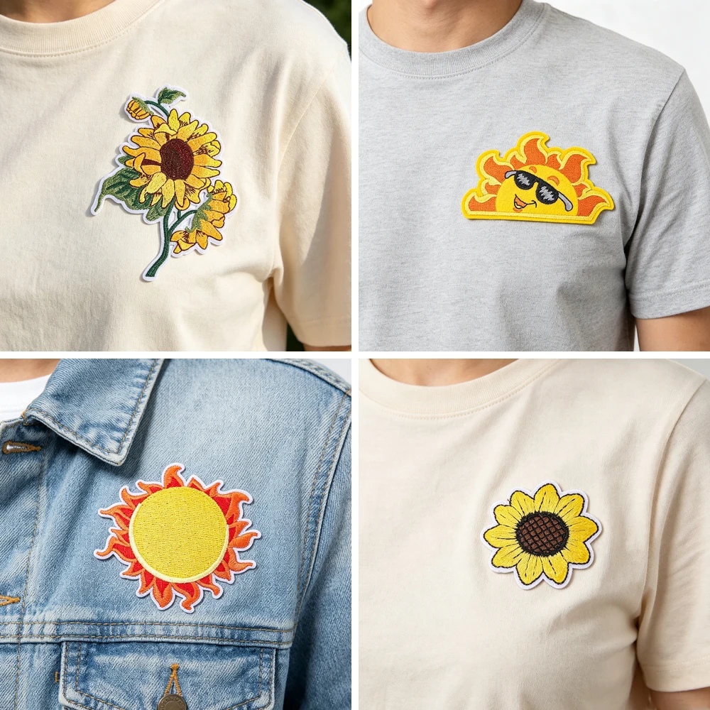 Böhmische, niedliche Sommer-Sonnenblumen- und Sonnen-Stickapplikationen zum Aufbügeln/Aufnähen für T-Shirts, Jeans, Jacken, Rucksäcke, Hüte, Deko-Geschenk – Detail 1