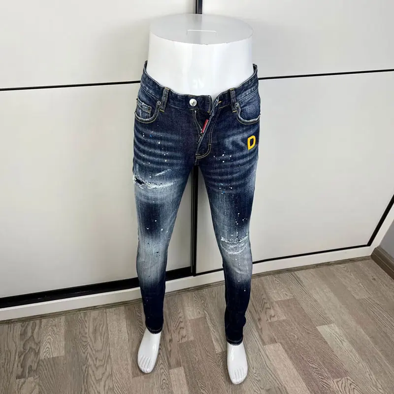 Latest designer fashion new men's jeans, washed, vintage painted embroidery, stretchy slim fit hombre