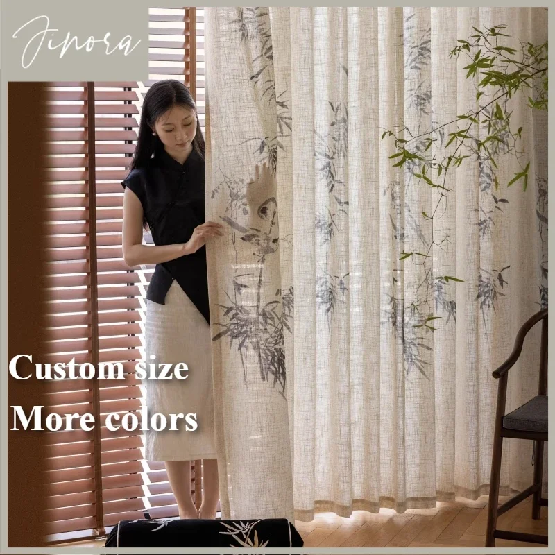 Zen Ink Painting Bamboo Cotton And Linen Grace Curtains For Living Room Bedroom Dining Study Partition Door Custom Size Tulle