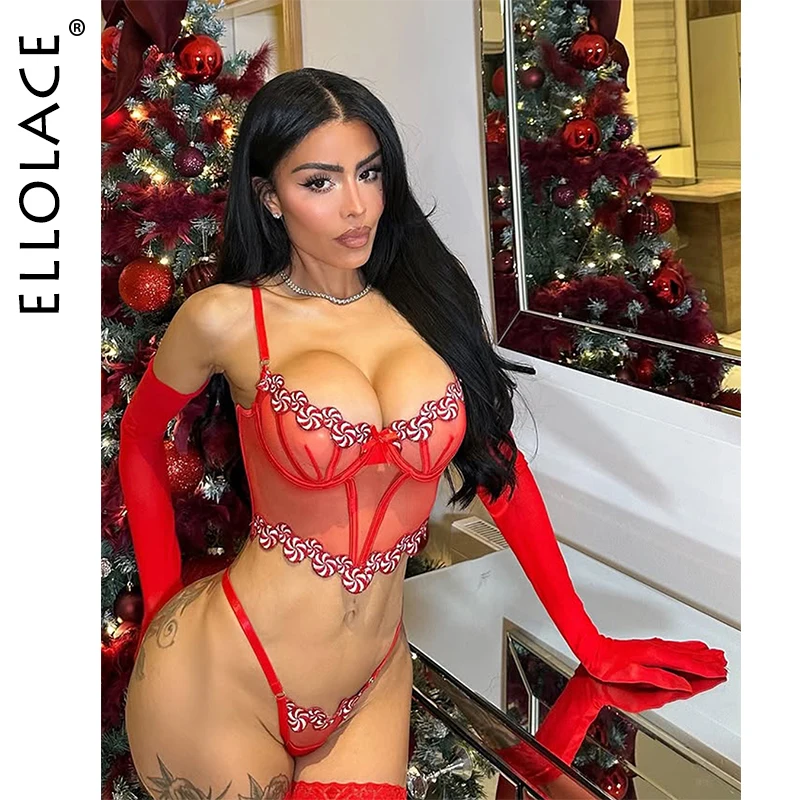 

Ellolace Christmas Sexy Lingerie Cute Popsicle Corset Bra Thong 2PC with Gloves Innocent Girls' Intimate Boudoir See Through Set