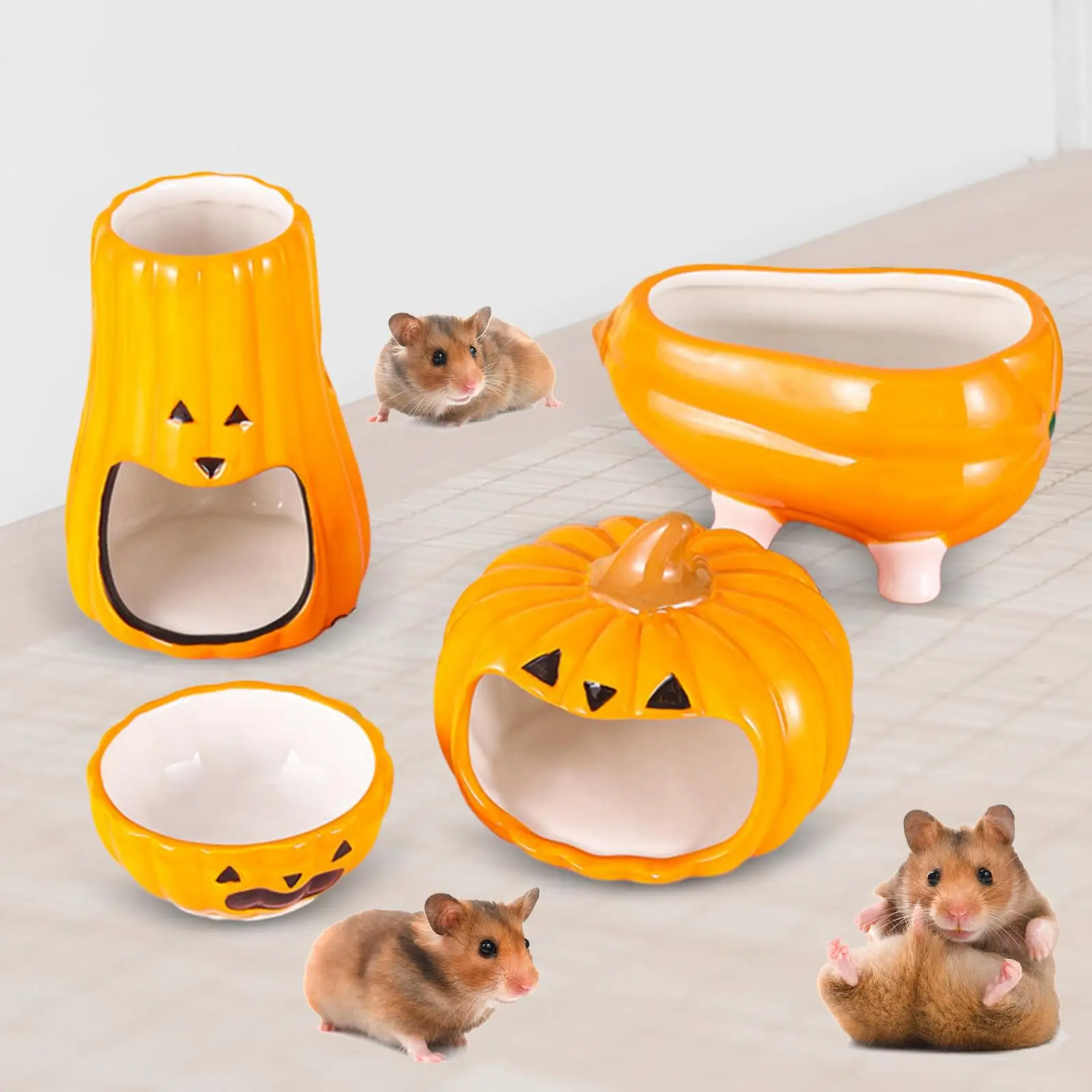 4x Ceramic Hamster Hideout Hamster Ceramic Food Bowl Water Bottle Holder Bathtub Cute Creative Pumpkin for Ferret Chinchilla