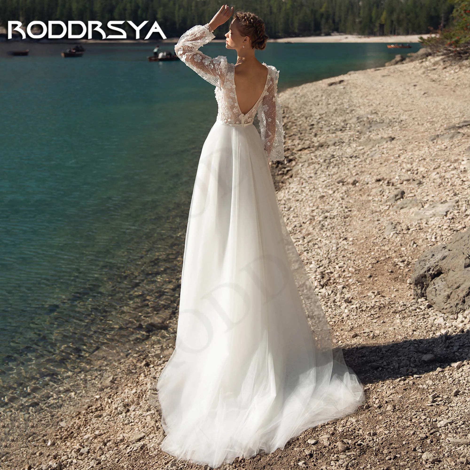 RODDRSYA Boho dantel puf Dleeves gelinlik 2024 3D çiçekler tül Backless A Line gelin elbise vestido de boboda sivil