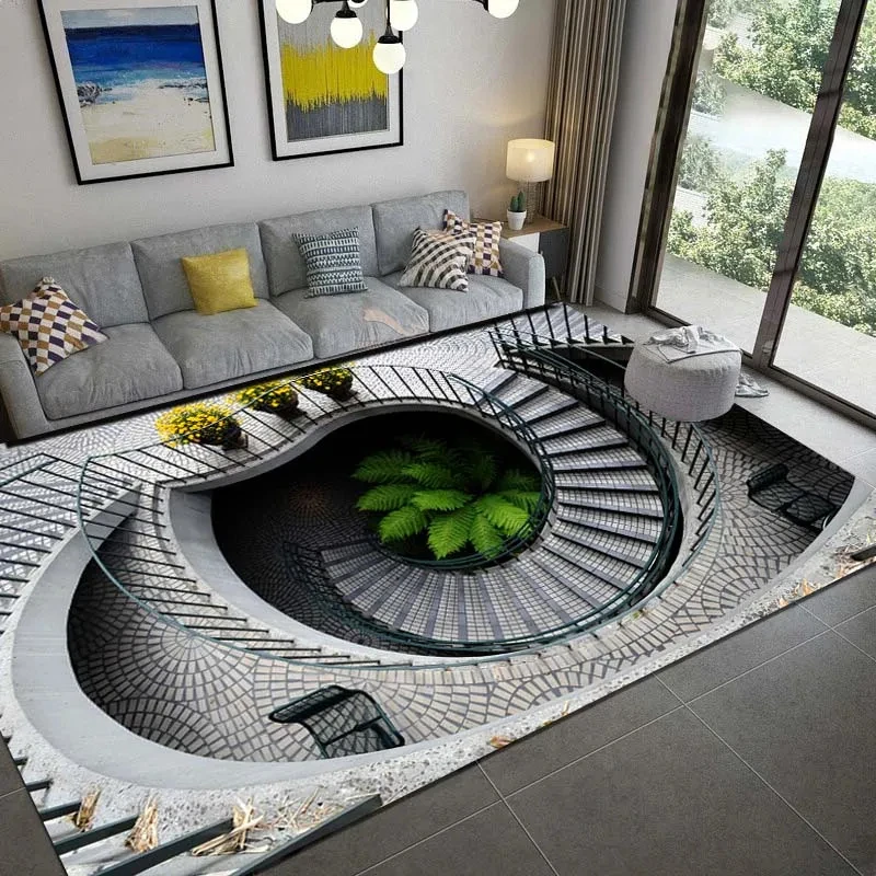 3D Rotating Staircase Illusion Carpet for Living Room Area Rug Bedroom Home Decoration Bedside Non-slip Floor Mat Washable