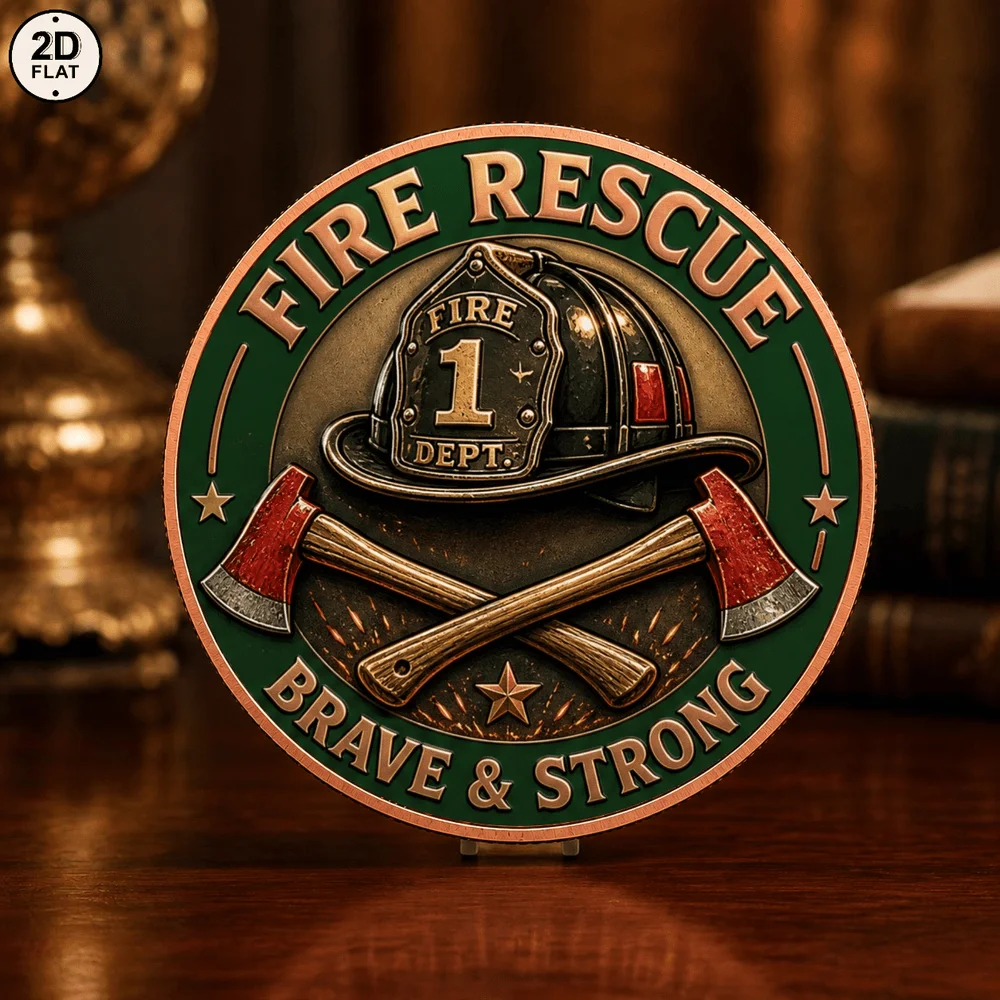 1pc Fire Rescue Brave & Strong Firefighter 1OZ Pure Copper Challenge Coin UV Print Fireman Helmet & Cross Axes Medal Collection