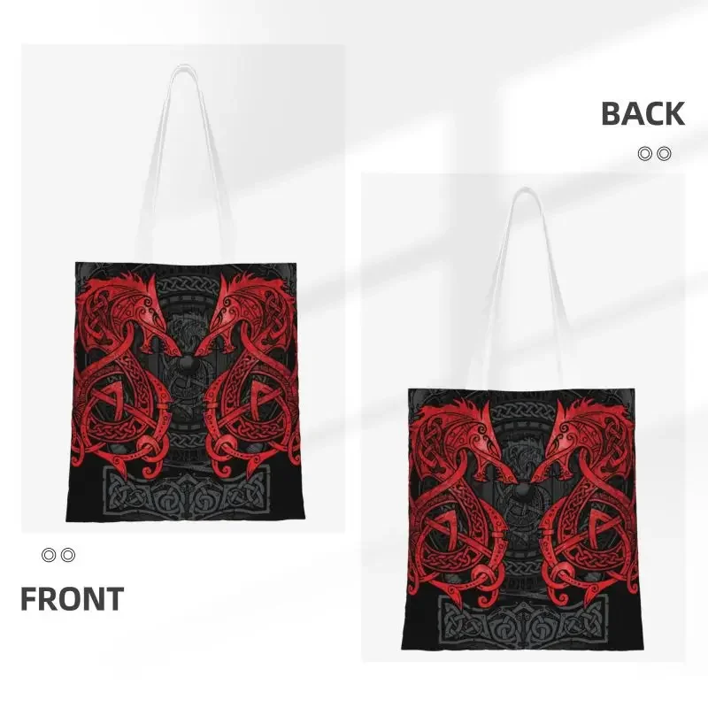 Custom Fighting Fenrir Shopping Canvas Bags Women Reusable Groceries Nordic Wolf Shopper Tote Bags