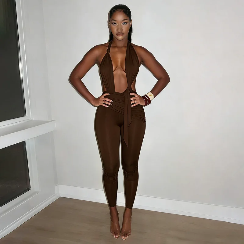 Leosoxs Combinaison Femme à Nœuds, Col Halter, Décolleté Plongeant en V, Dos Nu, Sans Manches, Coupe Ajustée, Effet Push-Up Fessier, Style Urbain Sexy et Tendance