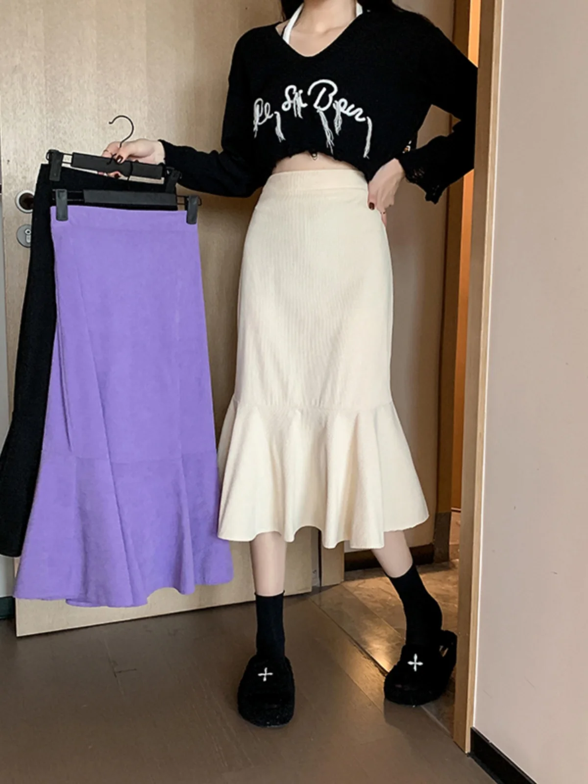 

Женская осенне-зимняя вельветовая юбка А-силуэта миди с высокой талией, универсальная, из легкого бархата