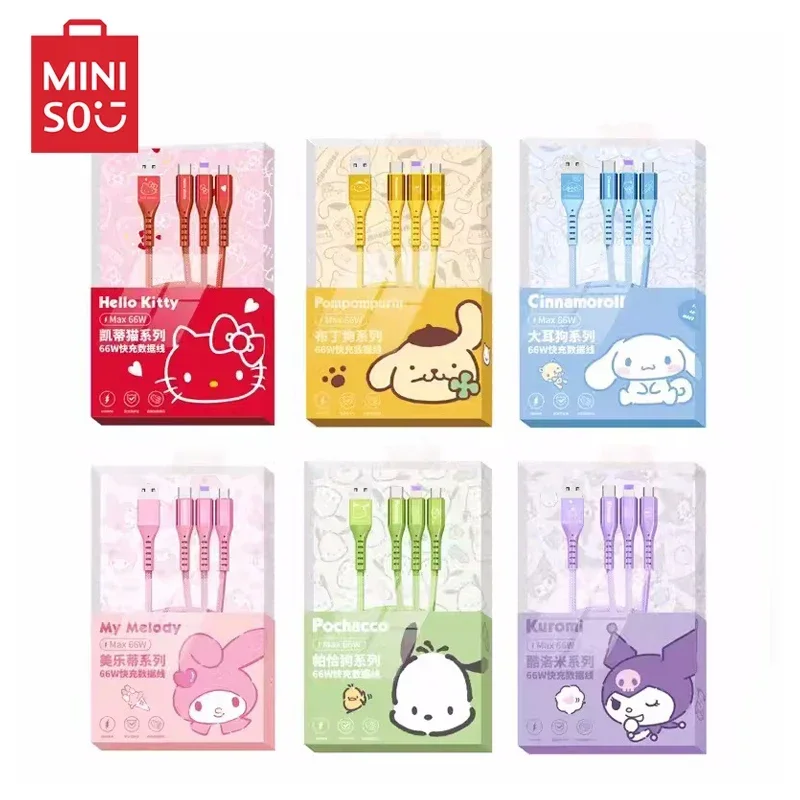 Sanrio 3 in 1 66 W Fast Charger Hello Kitty Kuromi Cartoon Miniso Data Cable Charging Micro Usb Type C Apple Phone Lightning