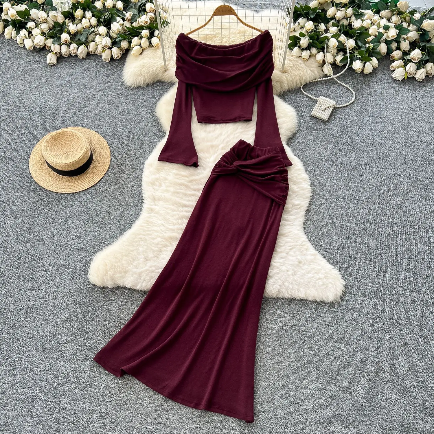

Women Two Piece Sets Skirt Set Off Shoulder Sexy Tops Long Skirts Wrap Hip High Waist Y2k Streetwear Elegant Work Autumn 2025