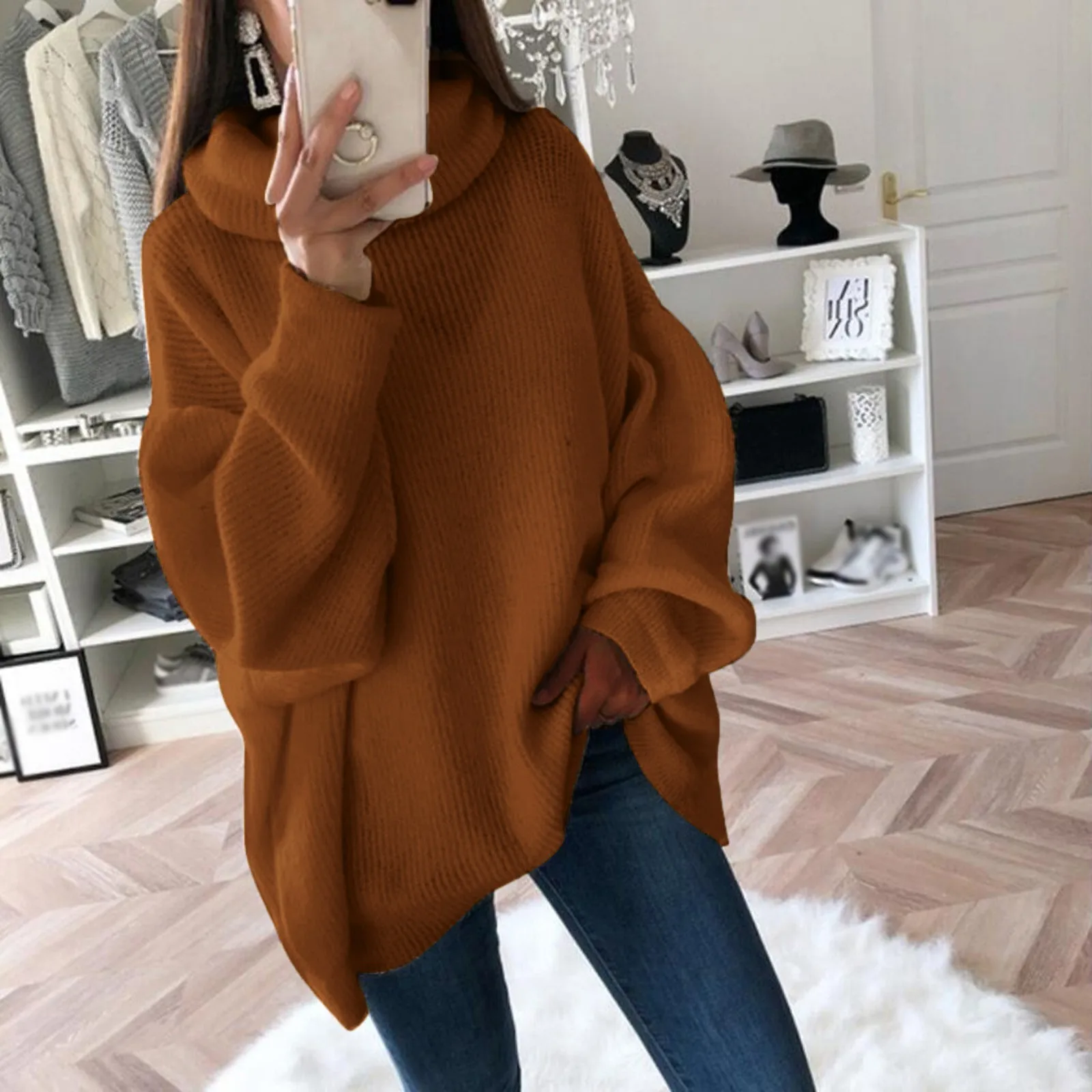 2024 Women Sweater Oversized Turtleneck Pile Collar Autumn Winter Long Sweater Loose Pullover Stretchy Knitwear suéteres свитер