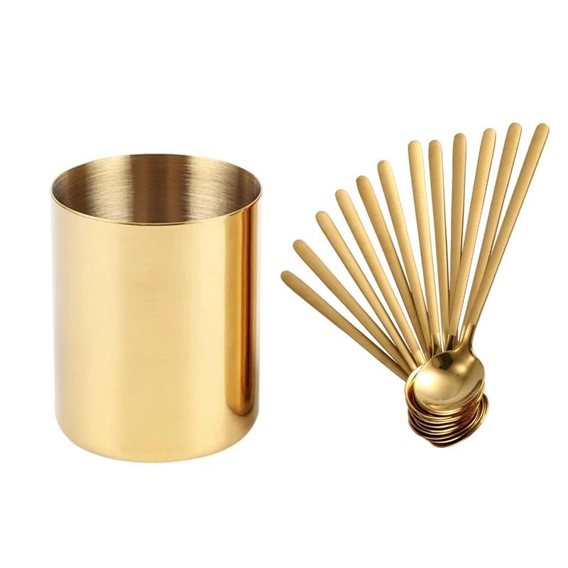 13 Pcs Accessories: 1 Pcs Flower Vase For House Office & 12Pcs/Set Round Shape Coffee Spoon Stainless Steel (Gold)