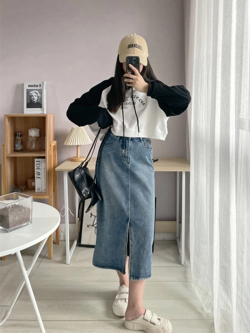 

Ретро джинсовая юбка А-силуэта для женщин, с высокой талией, облегающая, с разрезами, прямого кроя, из смесового хлопка, весна-лето, модная