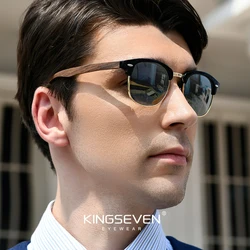 KINGSEVEN Handmade 2024 Black Walnut Wooden Sunglasses Men Polarized UV400 Protection Semi-Rimless Retro Eyewear Women Oculos