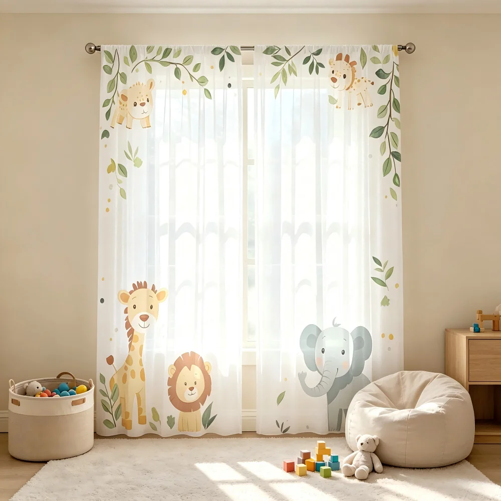 2PCS Digital Print Sheer Curtain, Forest Playground, Nature Woodland Fun - Voile Drapes for Home Bedroom Living Room Decor