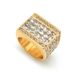 Iced Out Men's Ring Gold Color Stainless Steel Cubic Zirconia Bling Big Square Rings For Men Rapper Hip Hop Jewelry Dropshipping