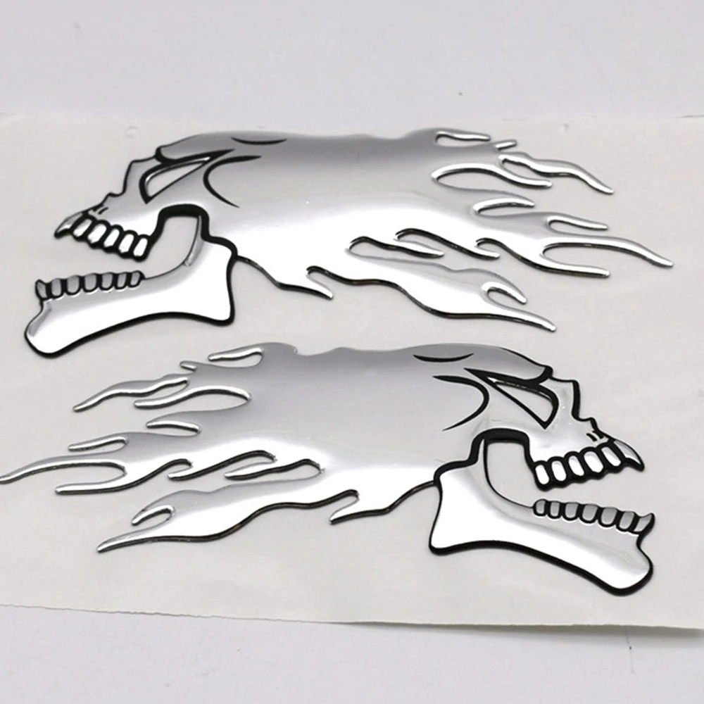 2Pcs/Pair 14*6cm Car Decoration Stickers,Helmet Shaped Decoration,Silver Fire Skull Stickers,Car Decoration Accessories view 3