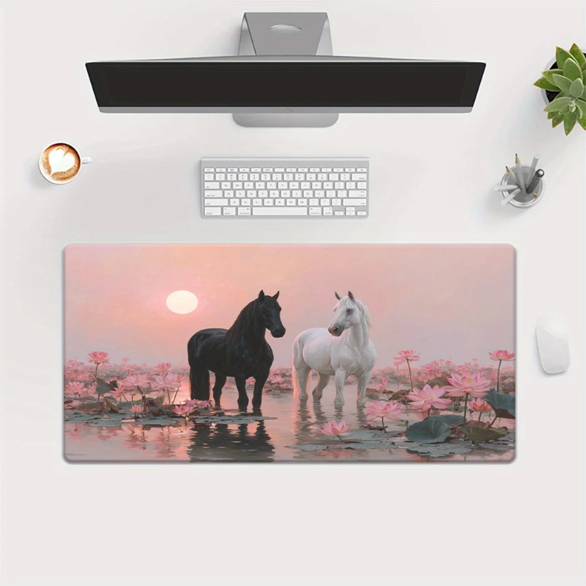 

Pink and orange sunset horse flower mouse pad is suitable for gaming and office use. The rubber base is anti-slip and washable