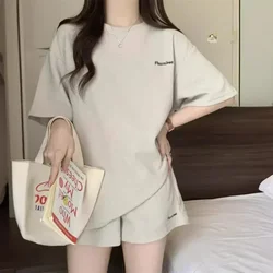 Fashion Versatile Embroidery Two Piece Set Simple Casual High Waisted Short Summer Women's Suit Loose Short Sleeve Shorts Sets