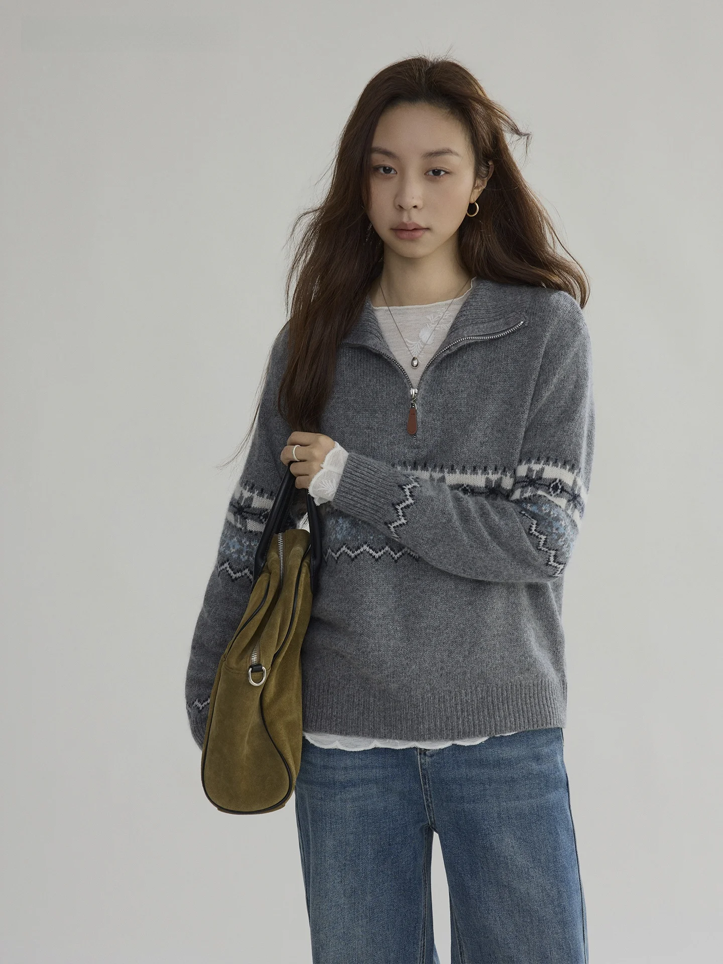 

Женский вязаный свитер Joli Choose с молнией, цветными блоками и цветочным узором, повседневный, модный, с длинными рукавами, из смесовой шерсти