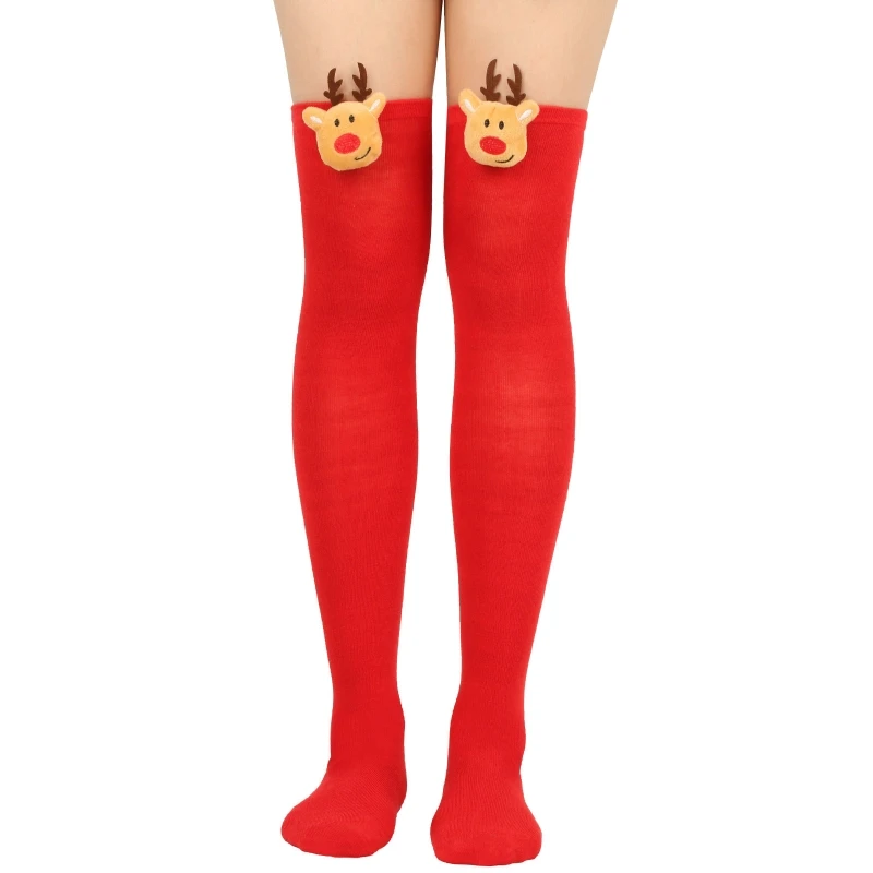 M2EA Women Cute 3D Plush Deer Striped Over Knee Long Socks Thigh High Stockings for Christmas Cosplay Party Costume Hosiery