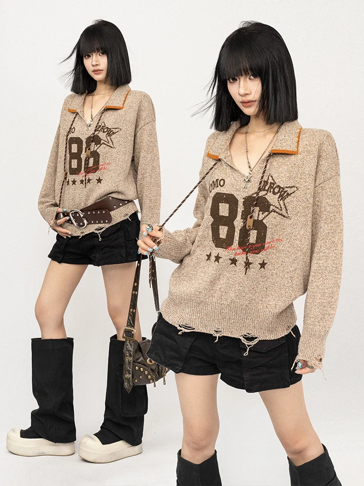 

OCTTFLAB American Retro Spicy Girl Letter Print Collar Knitted Sweater Women's Autumn Winter Loose Lazy Top Ladies Faion