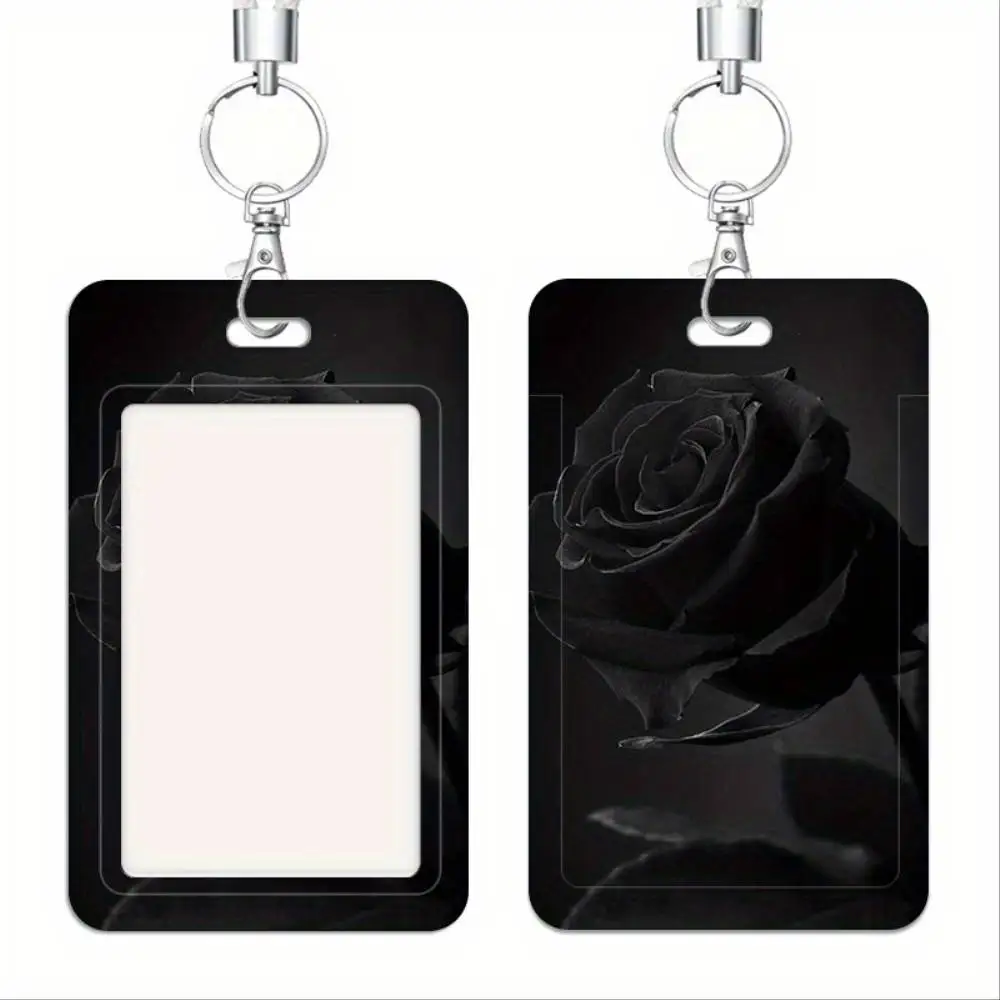 Black Rose Floral ID Card Holder Plastic Protective Case Holds 2 Cards For Doctor Nurse Student Office Staff